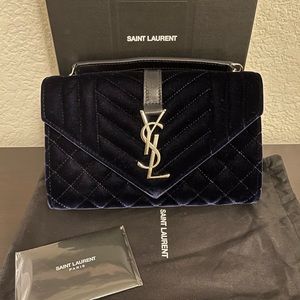 YSL Saint Laurent Small Envelope Navy Velvet Silver